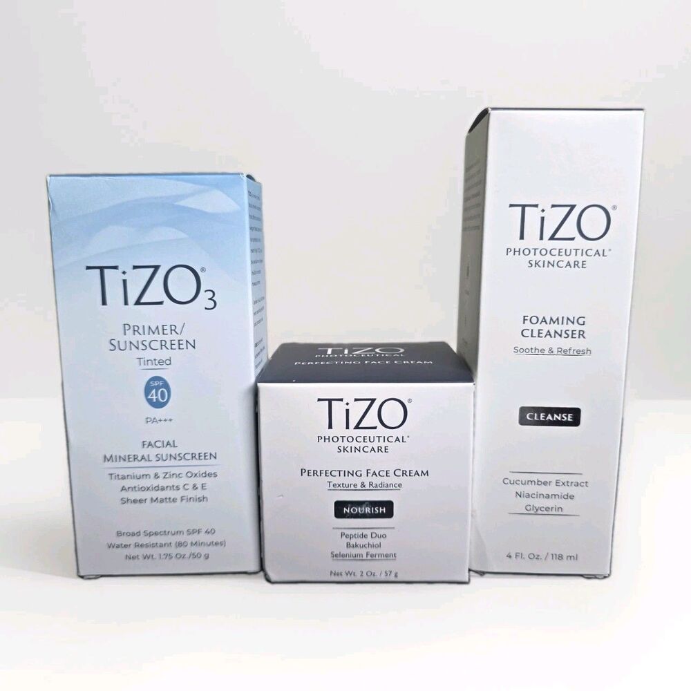 TiZO3 Skincare Set - Tinted Mineral Sunscreen SPF 40, Face Cream & Cleanser NIB